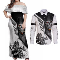 Skull Couples Matching Off Shoulder Maxi Dress and Long Sleeve Button Shirts Riding Motocycle - Wonder Print Shop