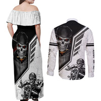 Skull Couples Matching Off Shoulder Maxi Dress and Long Sleeve Button Shirts Riding Motocycle - Wonder Print Shop
