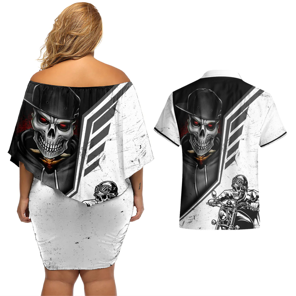 Skull Couples Matching Off Shoulder Short Dress and Hawaiian Shirt Riding Motocycle - Wonder Print Shop