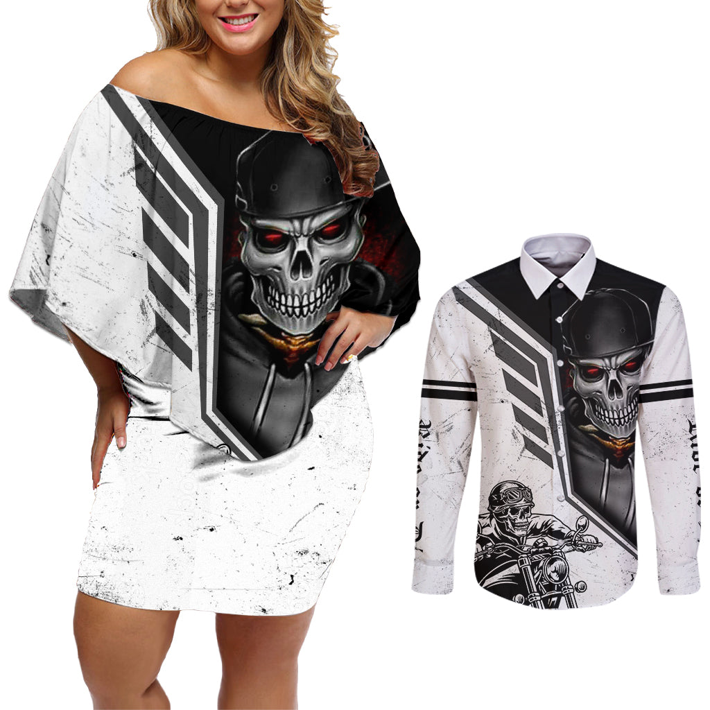 Skull Couples Matching Off Shoulder Short Dress and Long Sleeve Button Shirts Riding Motocycle - Wonder Print Shop