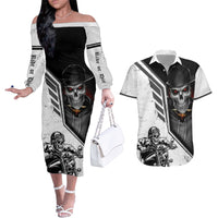 Skull Couples Matching Off The Shoulder Long Sleeve Dress and Hawaiian Shirt Riding Motocycle - Wonder Print Shop
