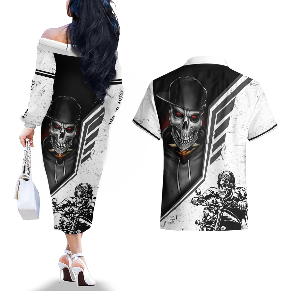 Skull Couples Matching Off The Shoulder Long Sleeve Dress and Hawaiian Shirt Riding Motocycle - Wonder Print Shop