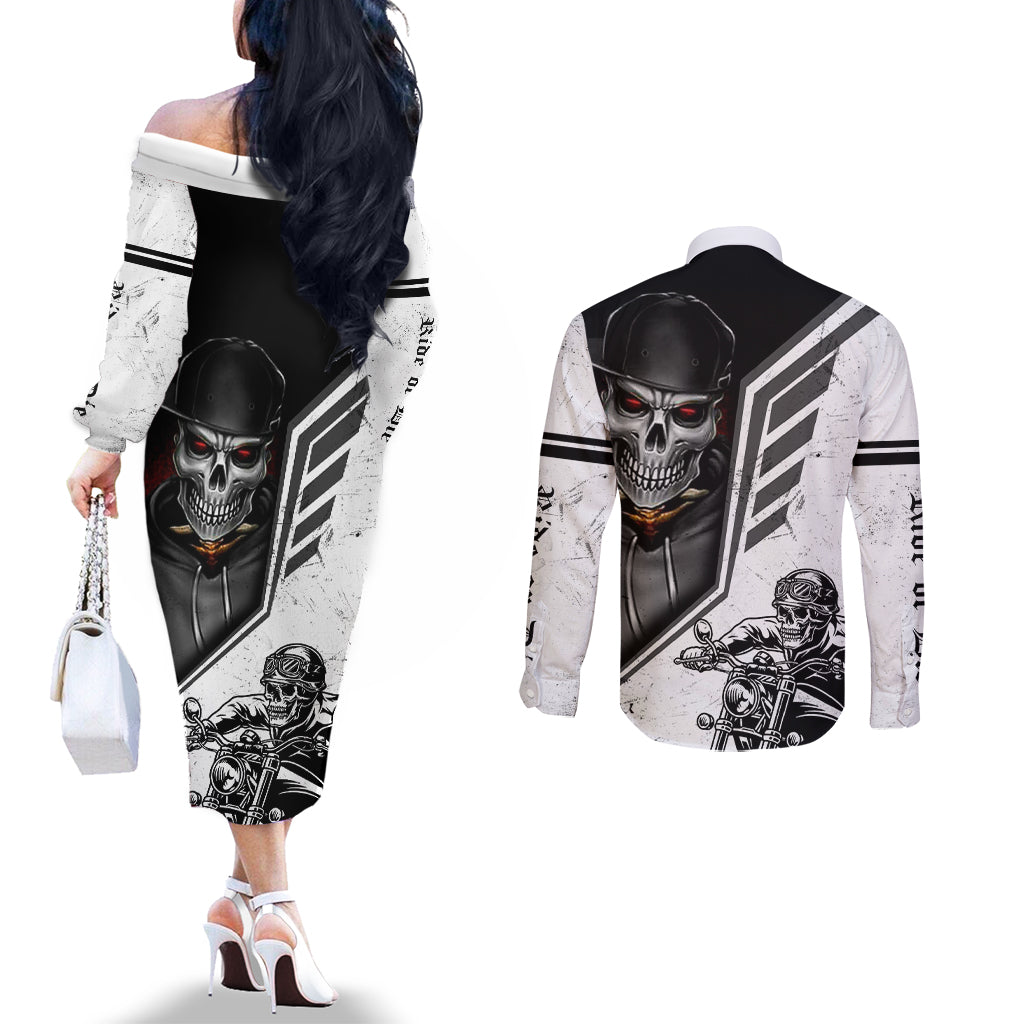 Skull Couples Matching Off The Shoulder Long Sleeve Dress and Long Sleeve Button Shirts Riding Motocycle DT01