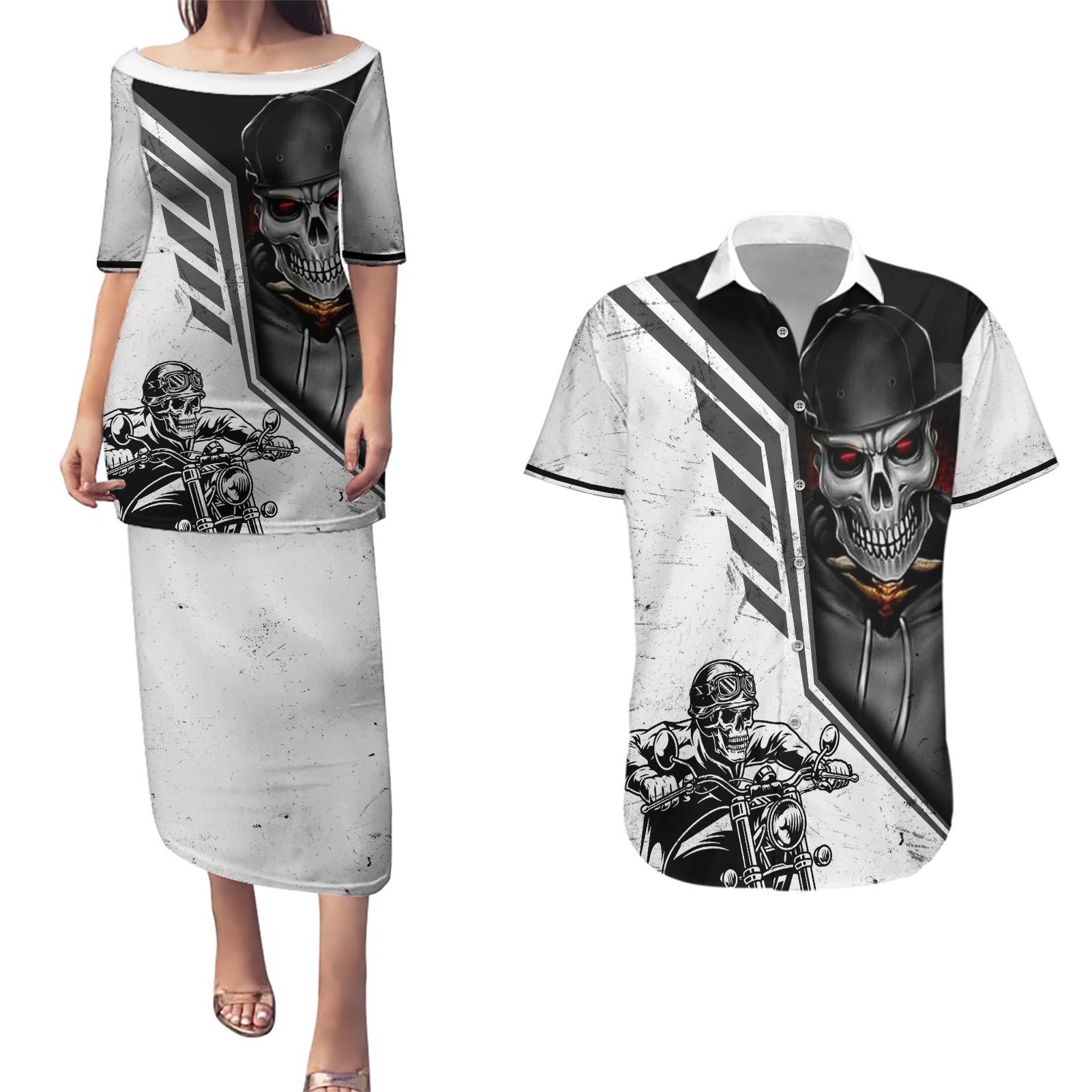 Skull Couples Matching Puletasi Dress and Hawaiian Shirt Riding Motocycle - Wonder Print Shop