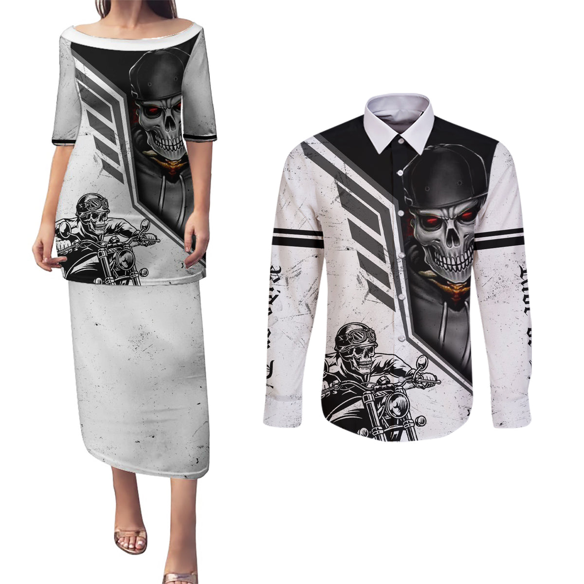 Skull Couples Matching Puletasi Dress and Long Sleeve Button Shirts Riding Motocycle - Wonder Print Shop