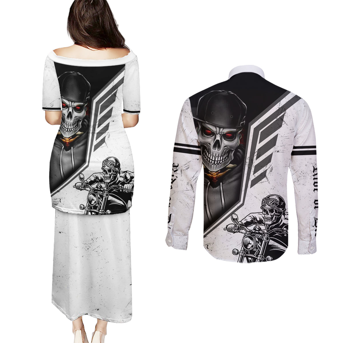 Skull Couples Matching Puletasi Dress and Long Sleeve Button Shirts Riding Motocycle - Wonder Print Shop