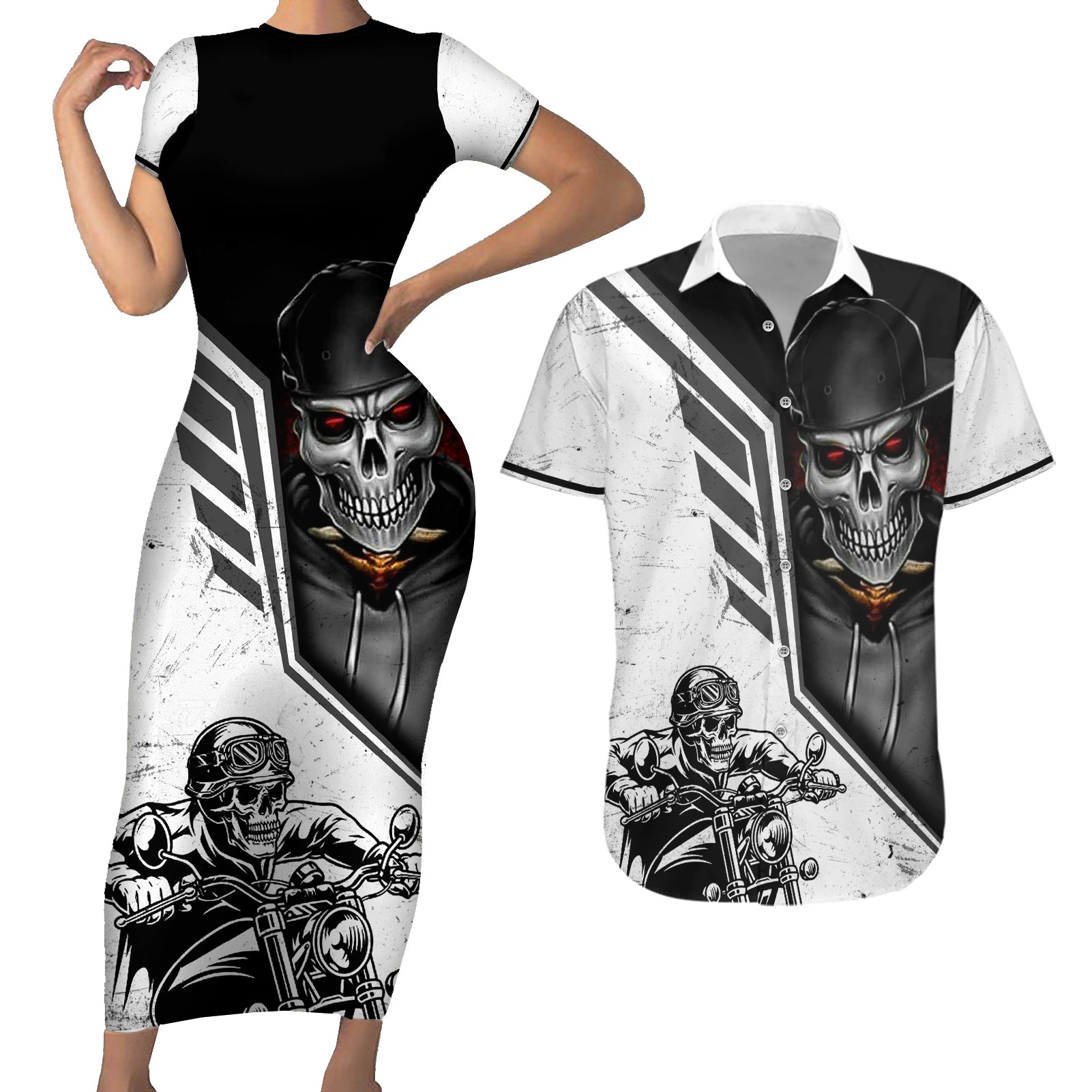 Skull Couples Matching Short Sleeve Bodycon Dress and Hawaiian Shirt Riding Motocycle - Wonder Print Shop