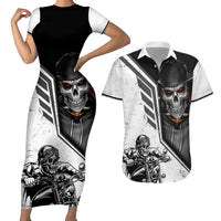 Skull Couples Matching Short Sleeve Bodycon Dress and Hawaiian Shirt Riding Motocycle - Wonder Print Shop