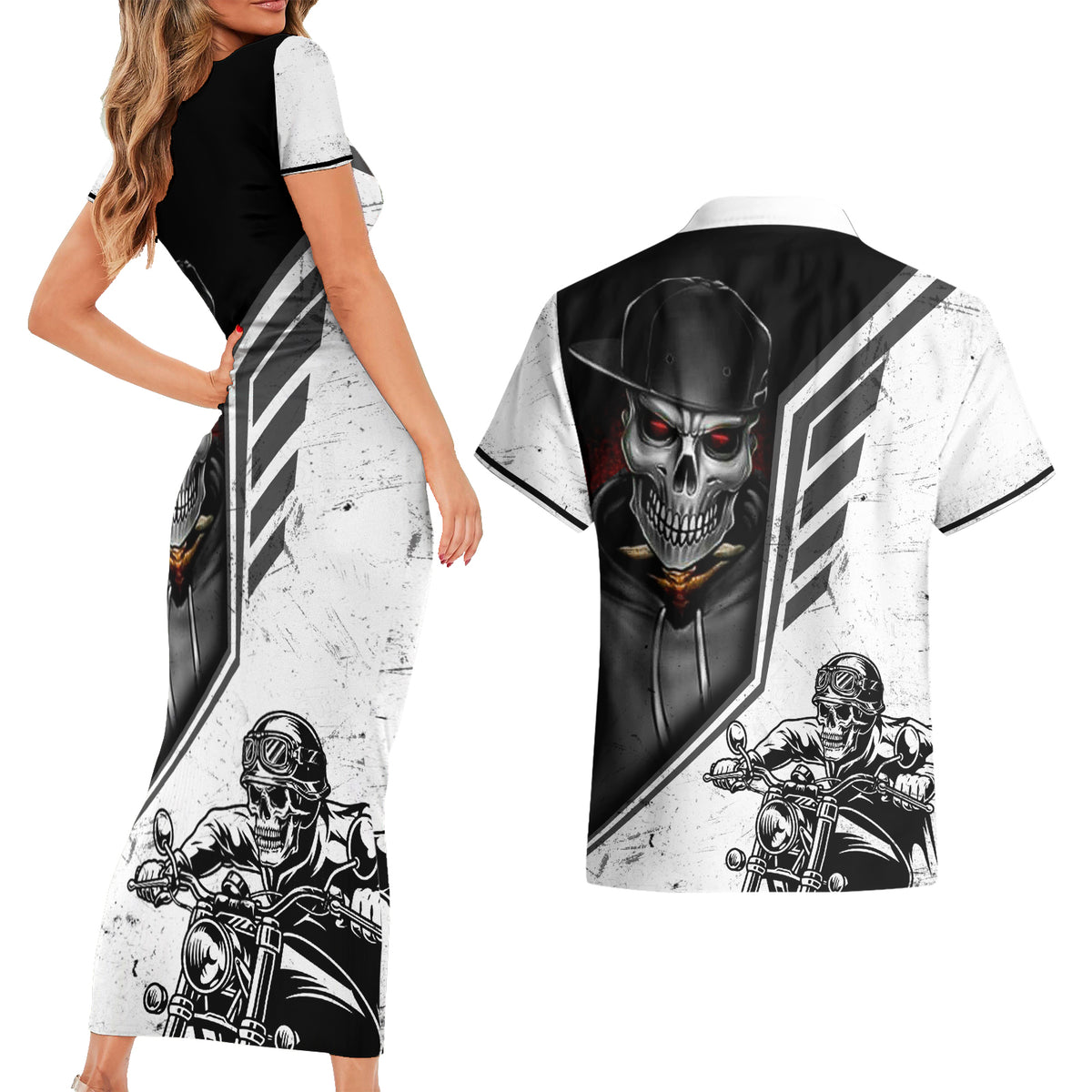 Skull Couples Matching Short Sleeve Bodycon Dress and Hawaiian Shirt Riding Motocycle - Wonder Print Shop