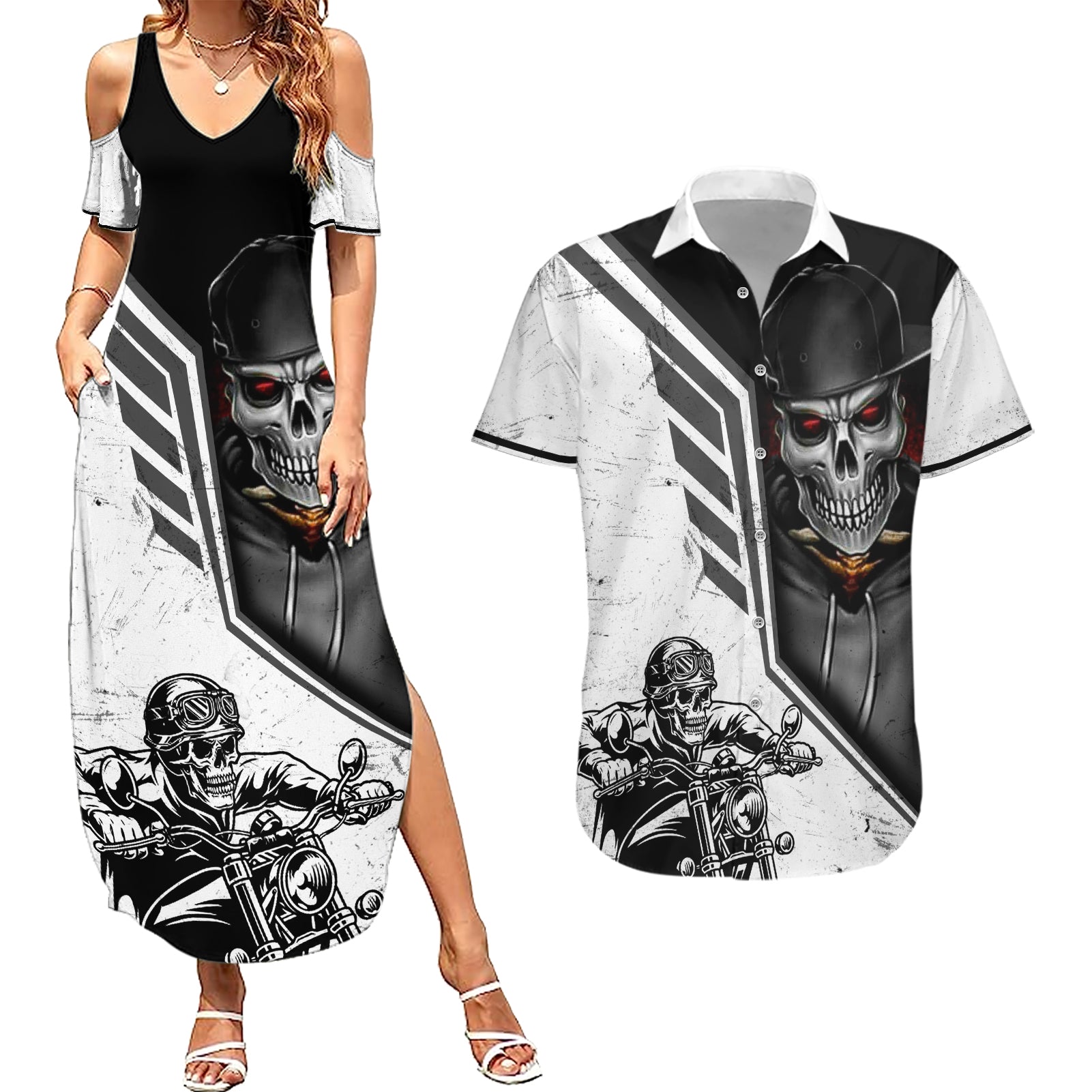 Skull Couples Matching Summer Maxi Dress and Hawaiian Shirt Riding Motocycle - Wonder Print Shop