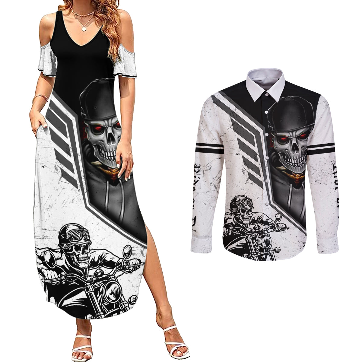 Skull Couples Matching Summer Maxi Dress and Long Sleeve Button Shirts Riding Motocycle - Wonder Print Shop