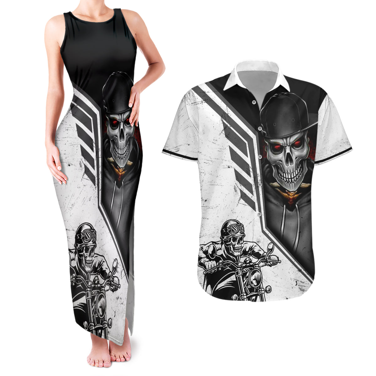 Skull Couples Matching Tank Maxi Dress And Hawaiian Shirt Riding Motocycle - Wonder Print Shop