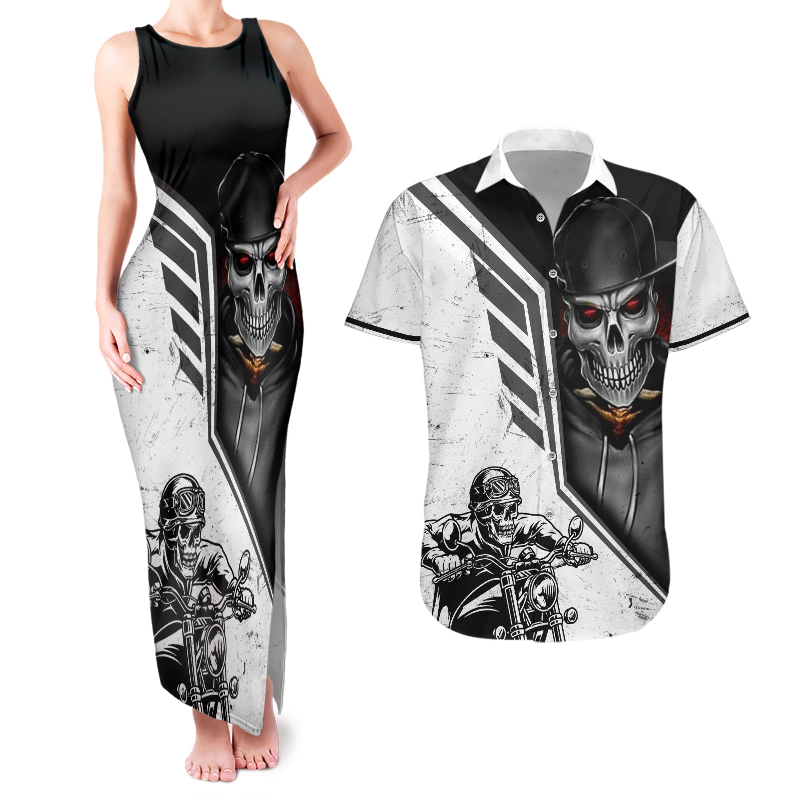 Skull Couples Matching Tank Maxi Dress And Hawaiian Shirt Riding Motocycle - Wonder Print Shop