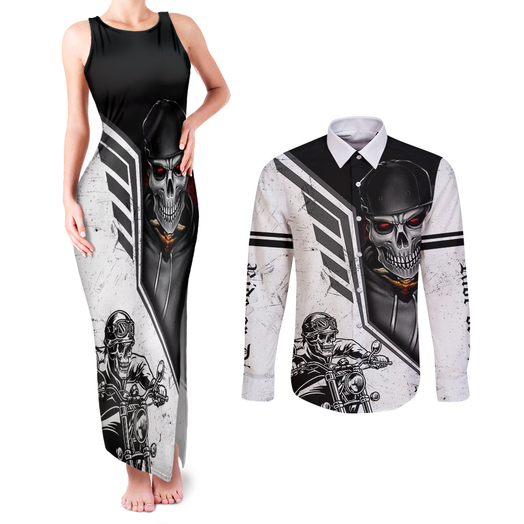 Skull Couples Matching Tank Maxi Dress and Long Sleeve Button Shirts Riding Motocycle - Wonder Print Shop
