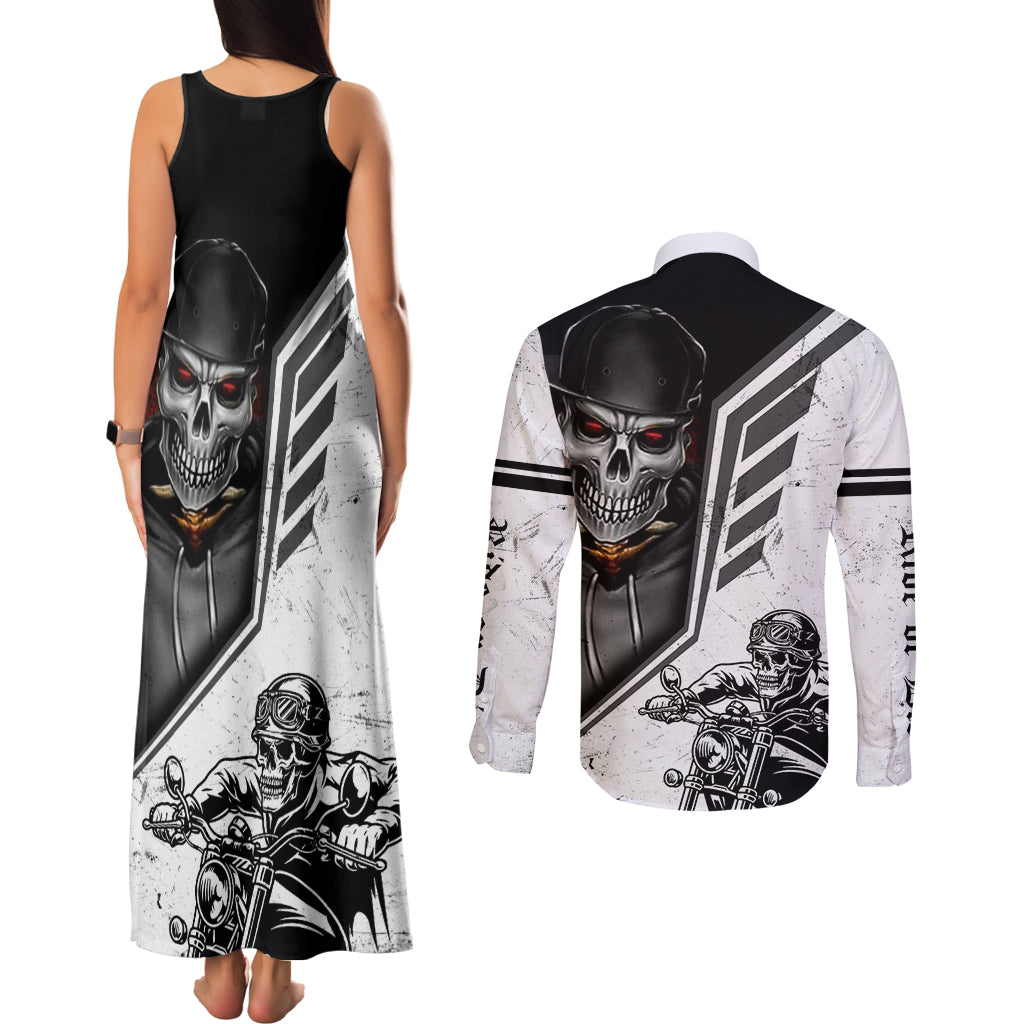 Skull Couples Matching Tank Maxi Dress and Long Sleeve Button Shirts Riding Motocycle - Wonder Print Shop