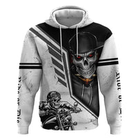 White pullover hoodie with black-and-white motorcycle rider and skull graphic, red eyes