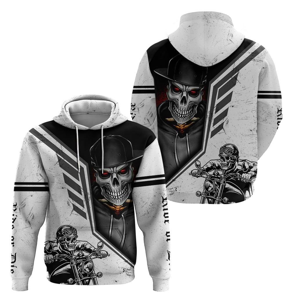 White pullover hoodie front and back: skull with red eyes over motorcycle rider artwork