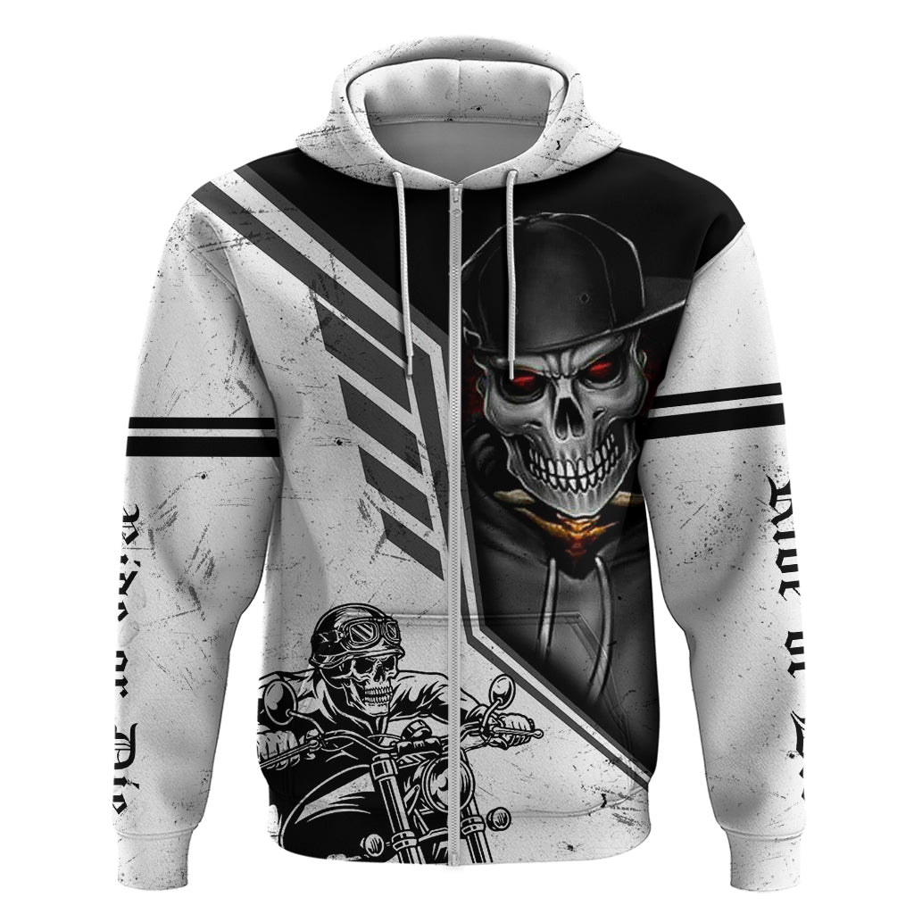 White pullover hoodie front view: large skull with red eyes and diagonal racing stripes