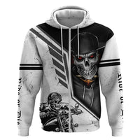 White pullover hoodie front view: large skull with red eyes and diagonal racing stripes