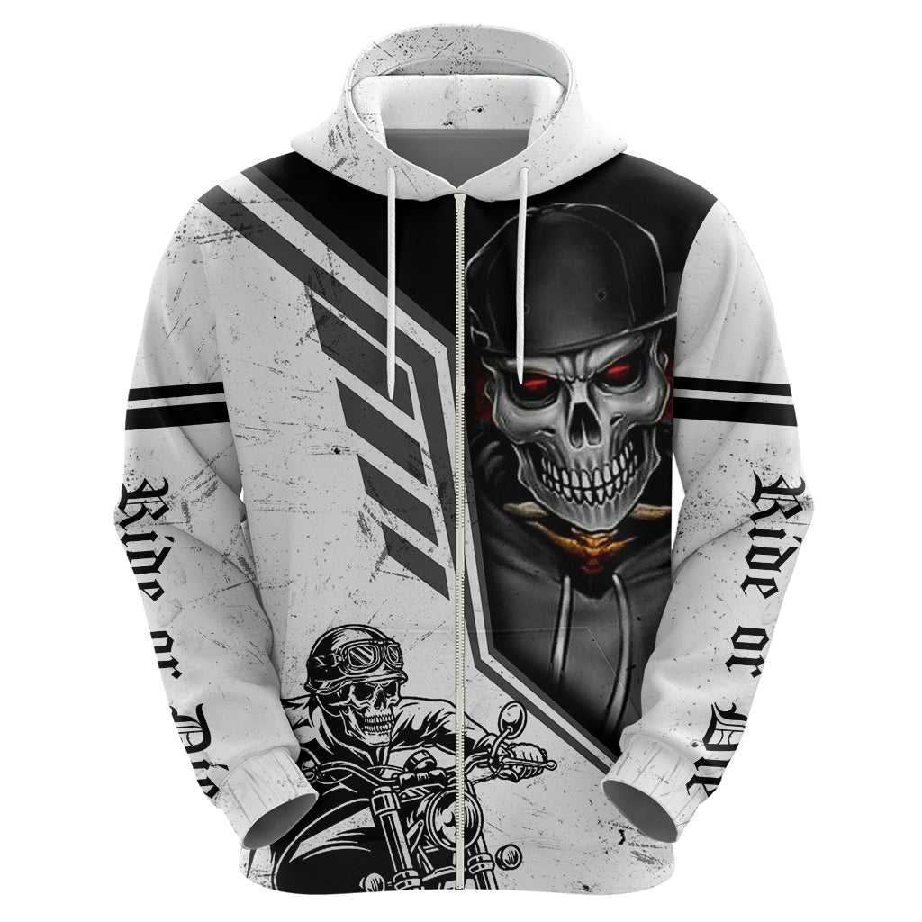 White pullover hoodie front view with skull and red eyes; striped panel and rider graphic