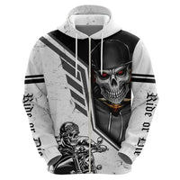 White pullover hoodie front view with skull and red eyes; striped panel and rider graphic