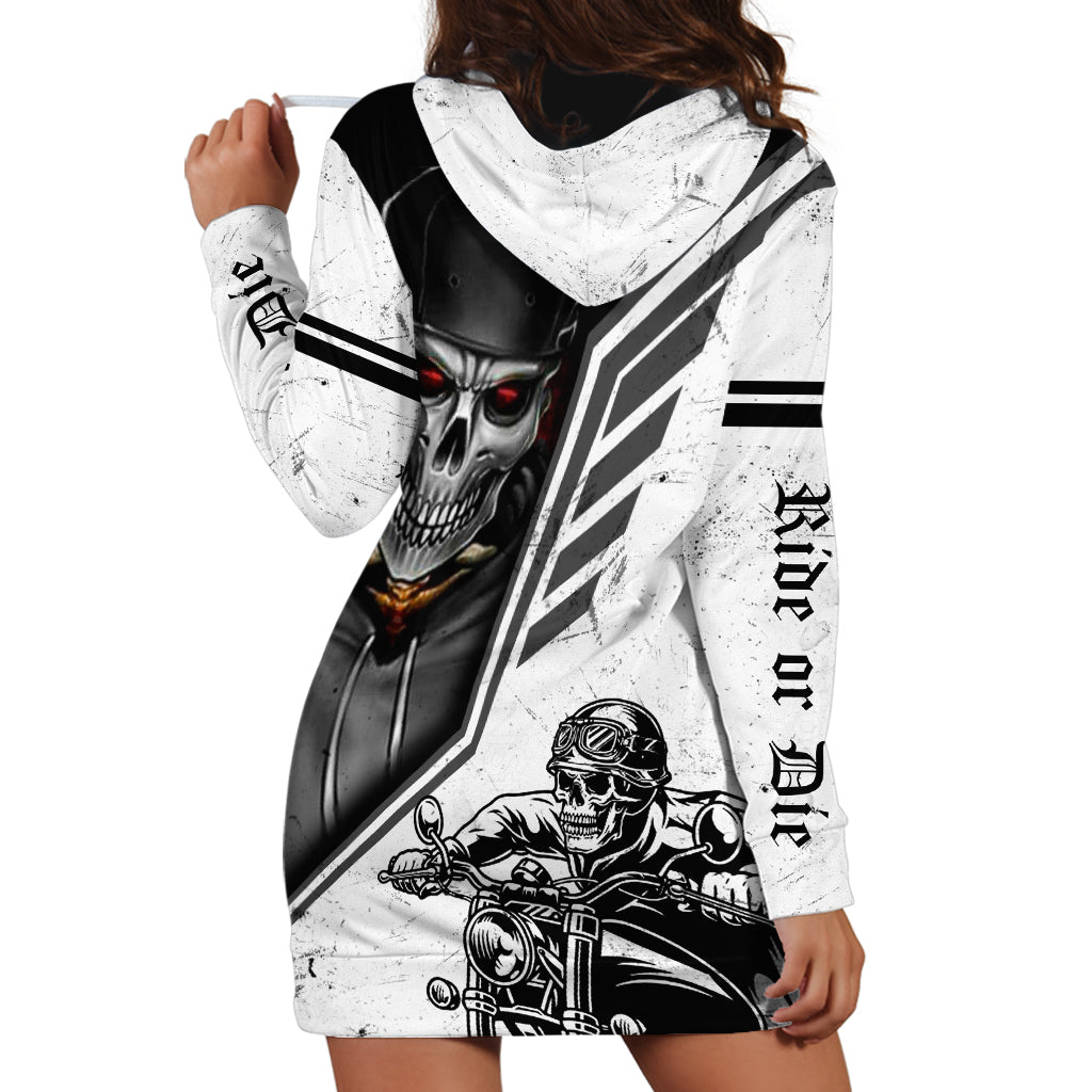 White and black skull graphic hoodie dress with hood, long sleeves, and side print