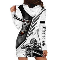 White and black skull graphic hoodie dress with hood, long sleeves, and side print