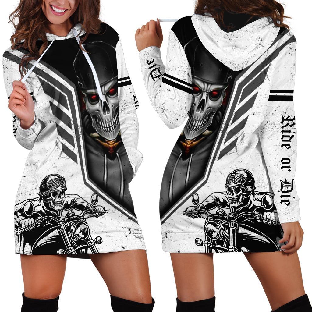 White and black skull graphic hoodie dress with motorcycle rider print and hood