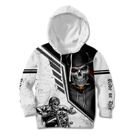 Kids white pullover hoodie with skull face, black moto jacket graphic, hood up