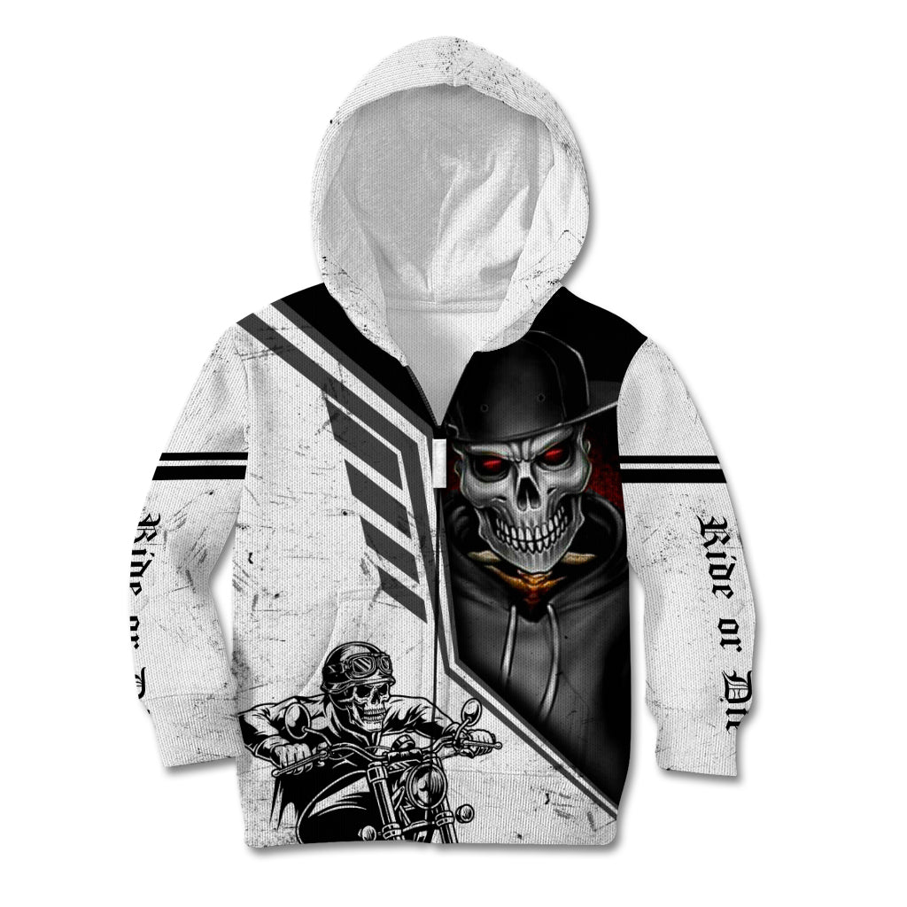 Kids white pullover hoodie with front skull face and motorcycle rider illustration