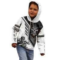 Kids white pullover hoodie with skull moto graphic and black stripe sleeves, hood up