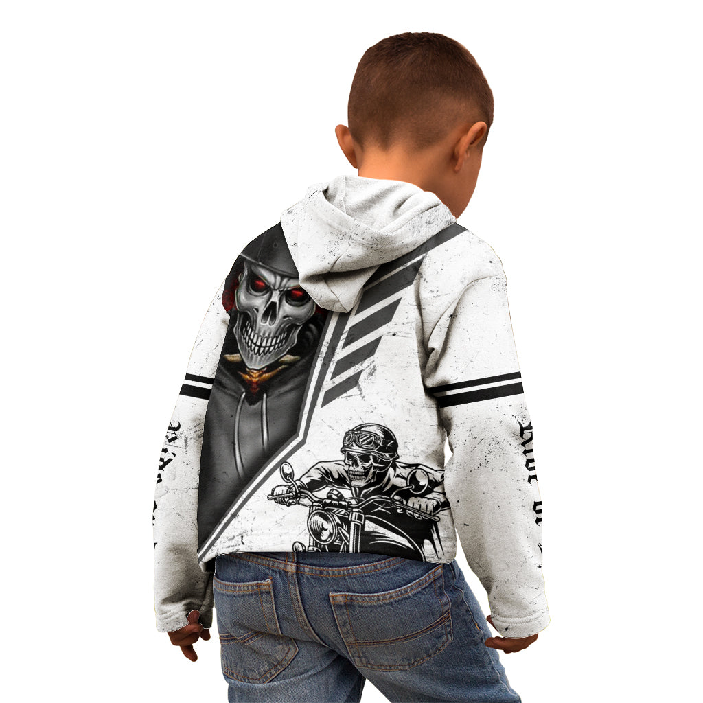 Kids white pullover hoodie with rear skull graphic and rider illustration, hood up