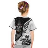 Kids black-and-gray graphic T-shirt with skull helmet rider and bike on back