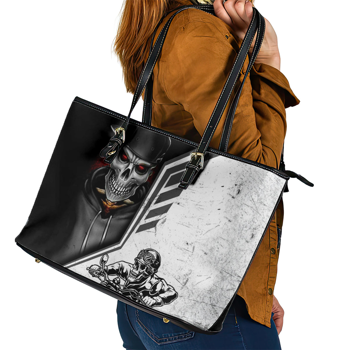 Skull Leather Tote Bag Riding Motocycle - Wonder Print Shop