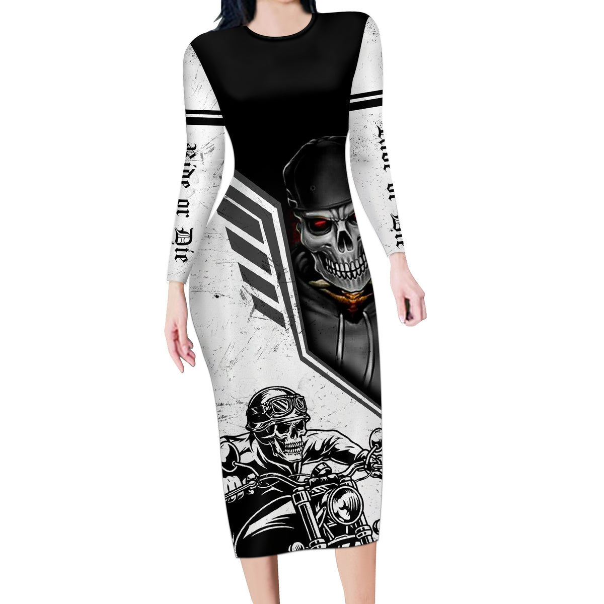 Skull Long Sleeve Bodycon Dress Riding Motocycle - Wonder Print Shop