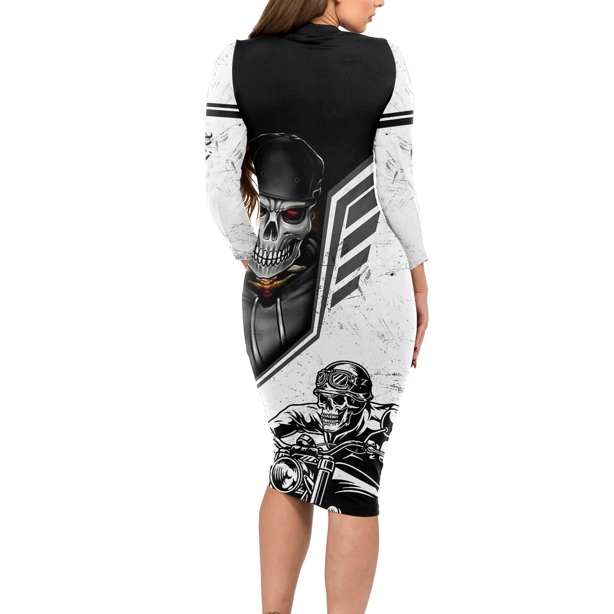 Skull Long Sleeve Bodycon Dress Riding Motocycle - Wonder Print Shop