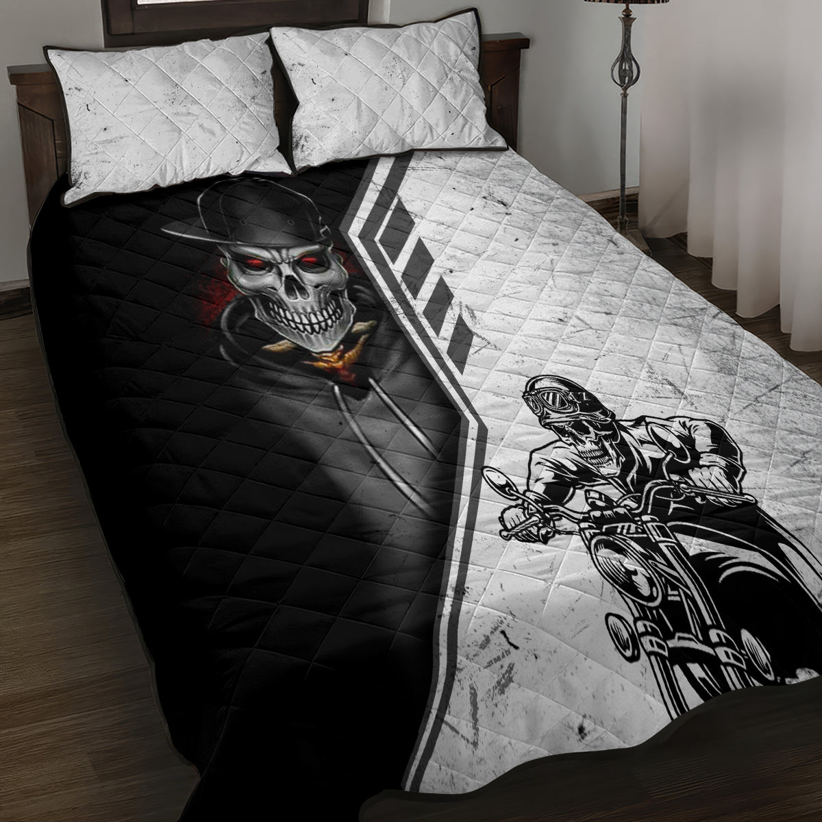 Skull Quilt Bed Set Riding Motocycle - Wonder Print Shop