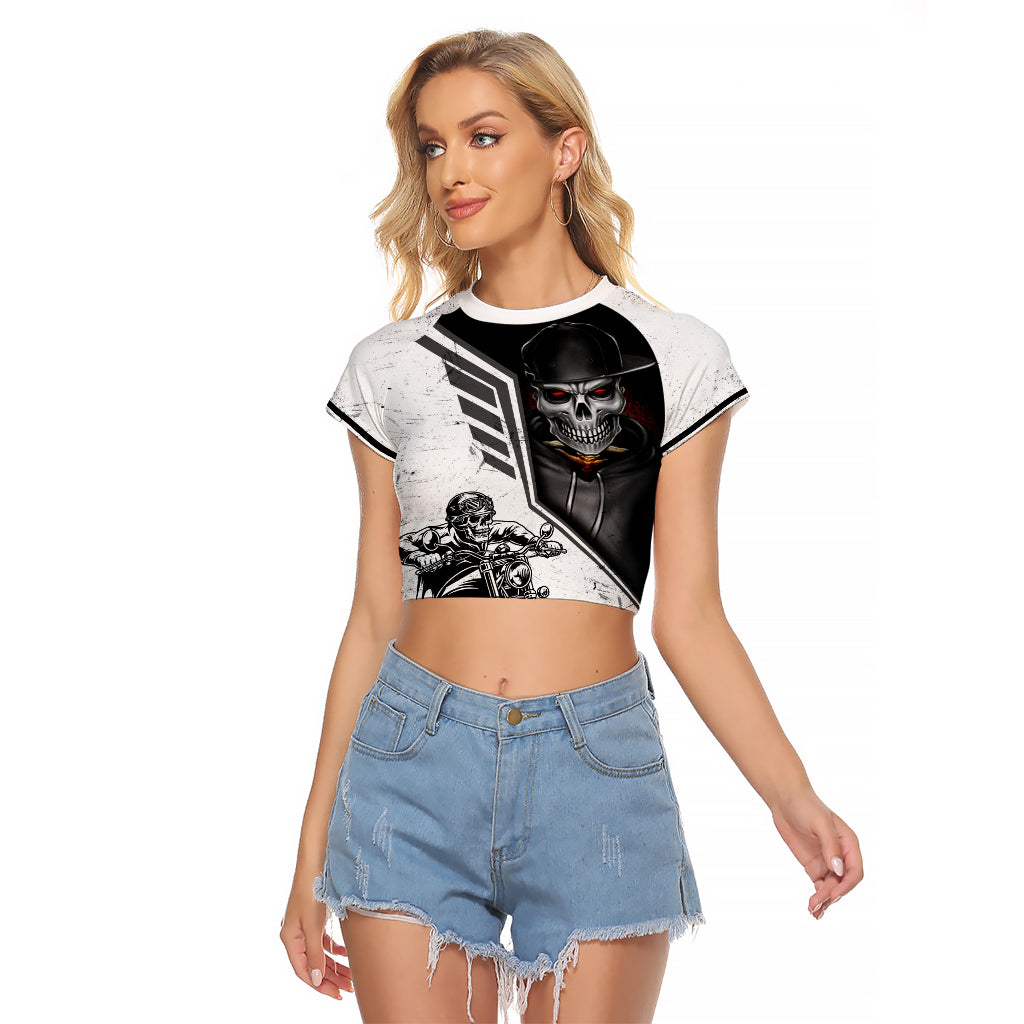 Skull Raglan Cropped T Shirt Riding Motocycle - Wonder Print Shop