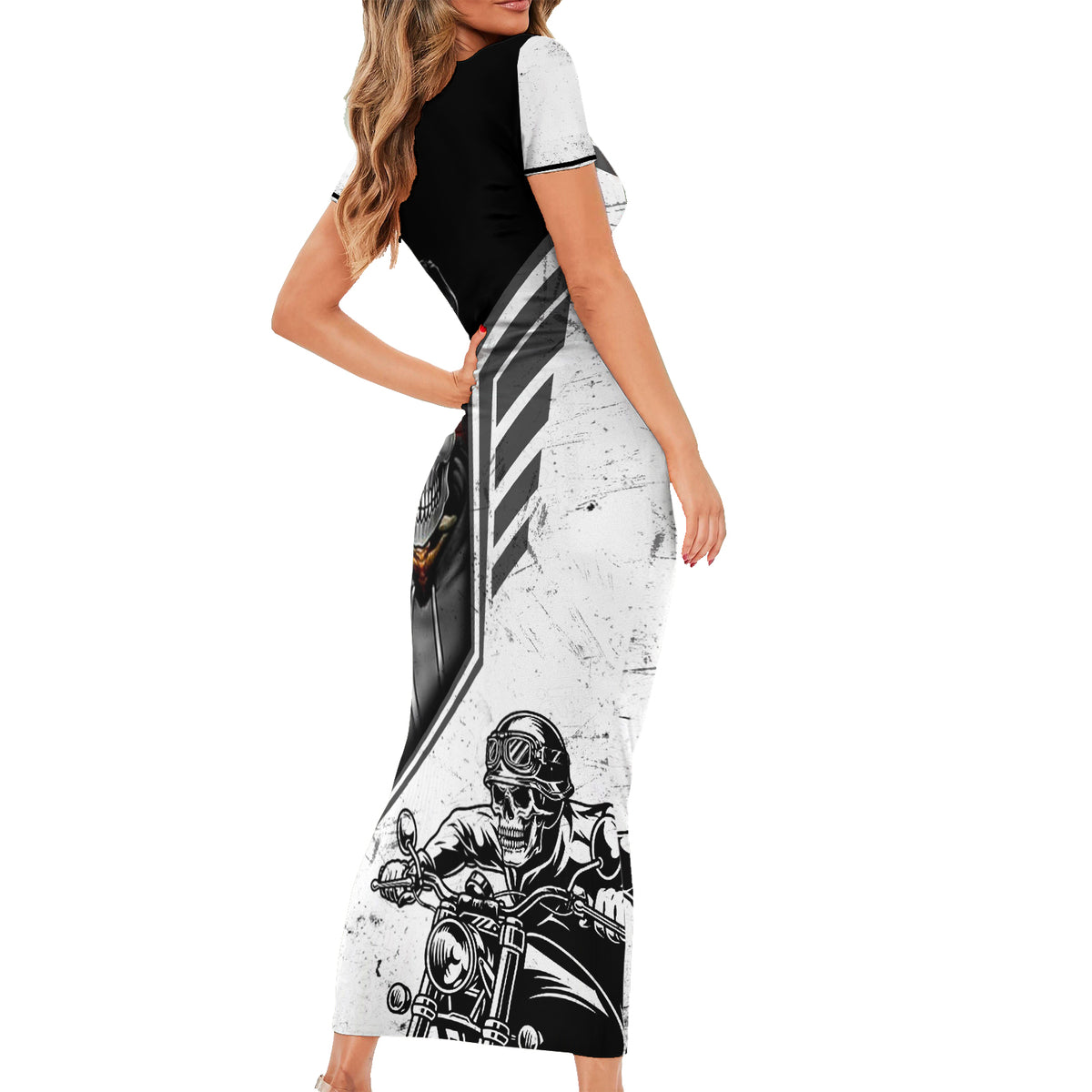 Bodycon short-sleeve dress, side view, black-and-white skull biker print along skirt