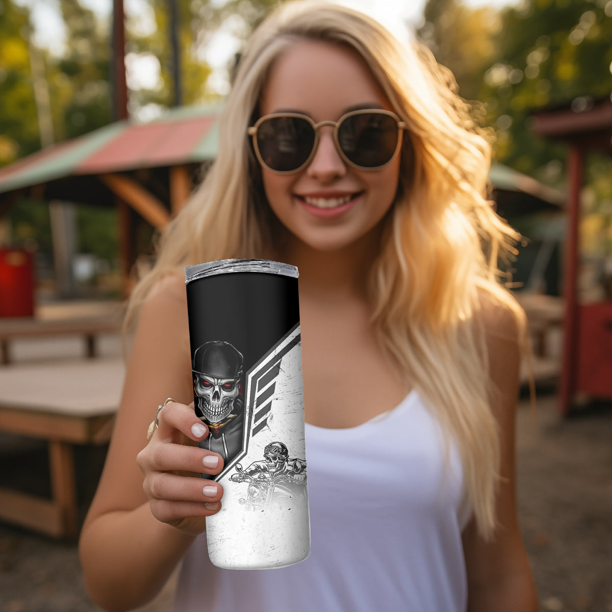 Skull Skinny Tumbler Riding Motocycle - Wonder Print Shop