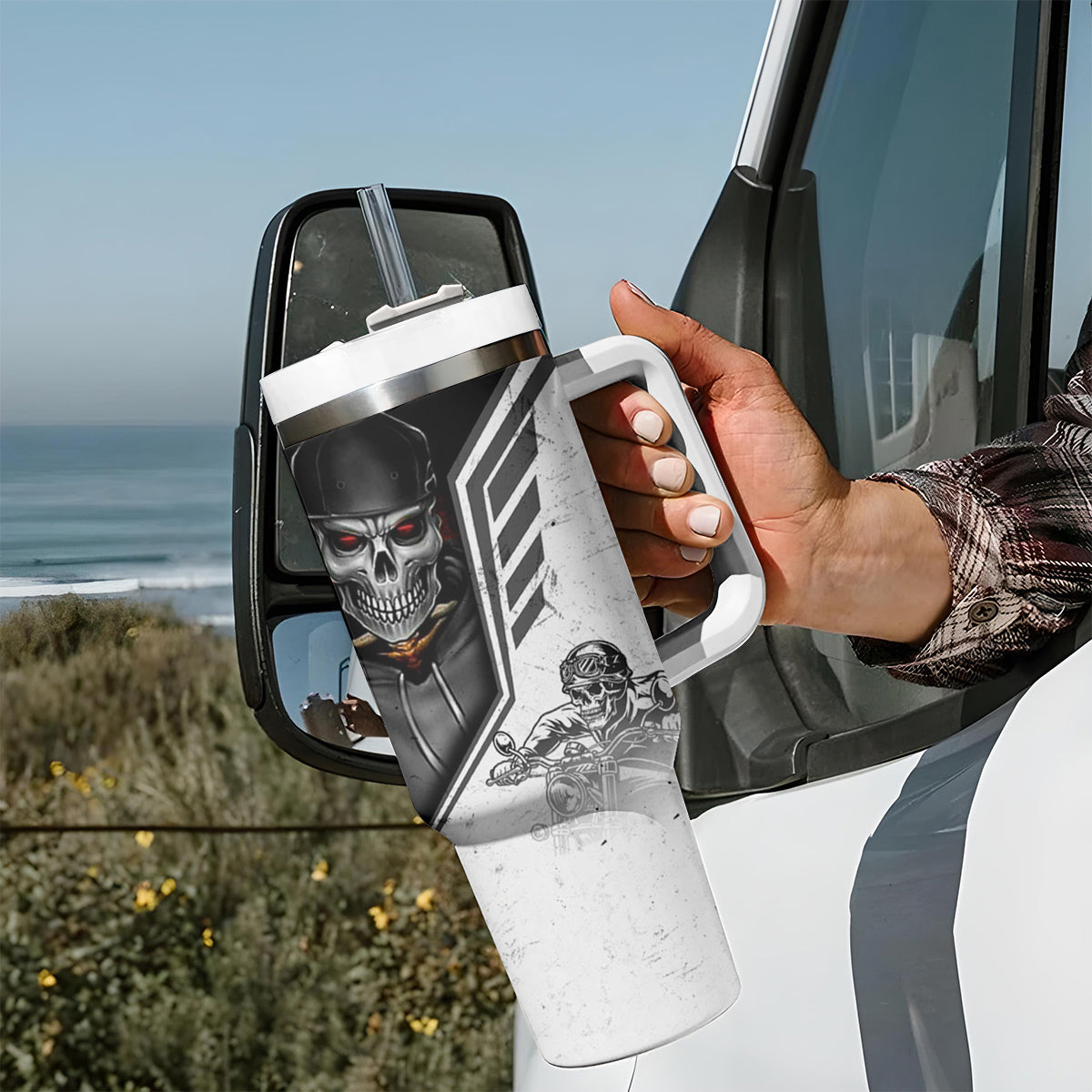 Skull Tumbler With Handle Riding Motocycle - Wonder Print Shop