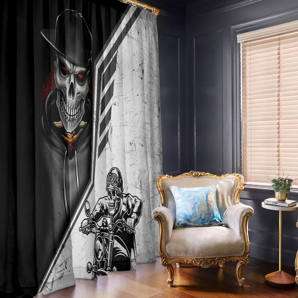 Skull Window Curtain Riding Motocycle - Wonder Print Shop