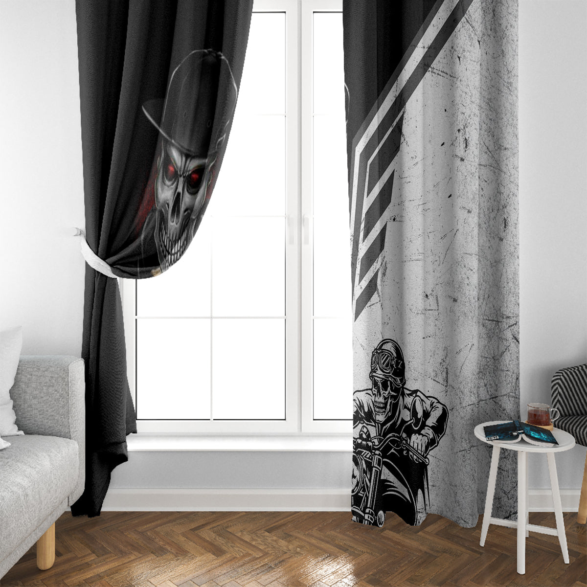 Skull Window Curtain Riding Motocycle - Wonder Print Shop
