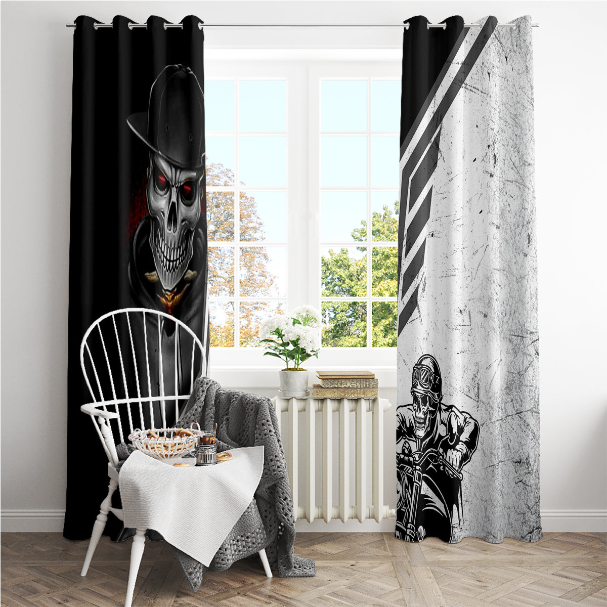 Skull Window Curtain Riding Motocycle - Wonder Print Shop