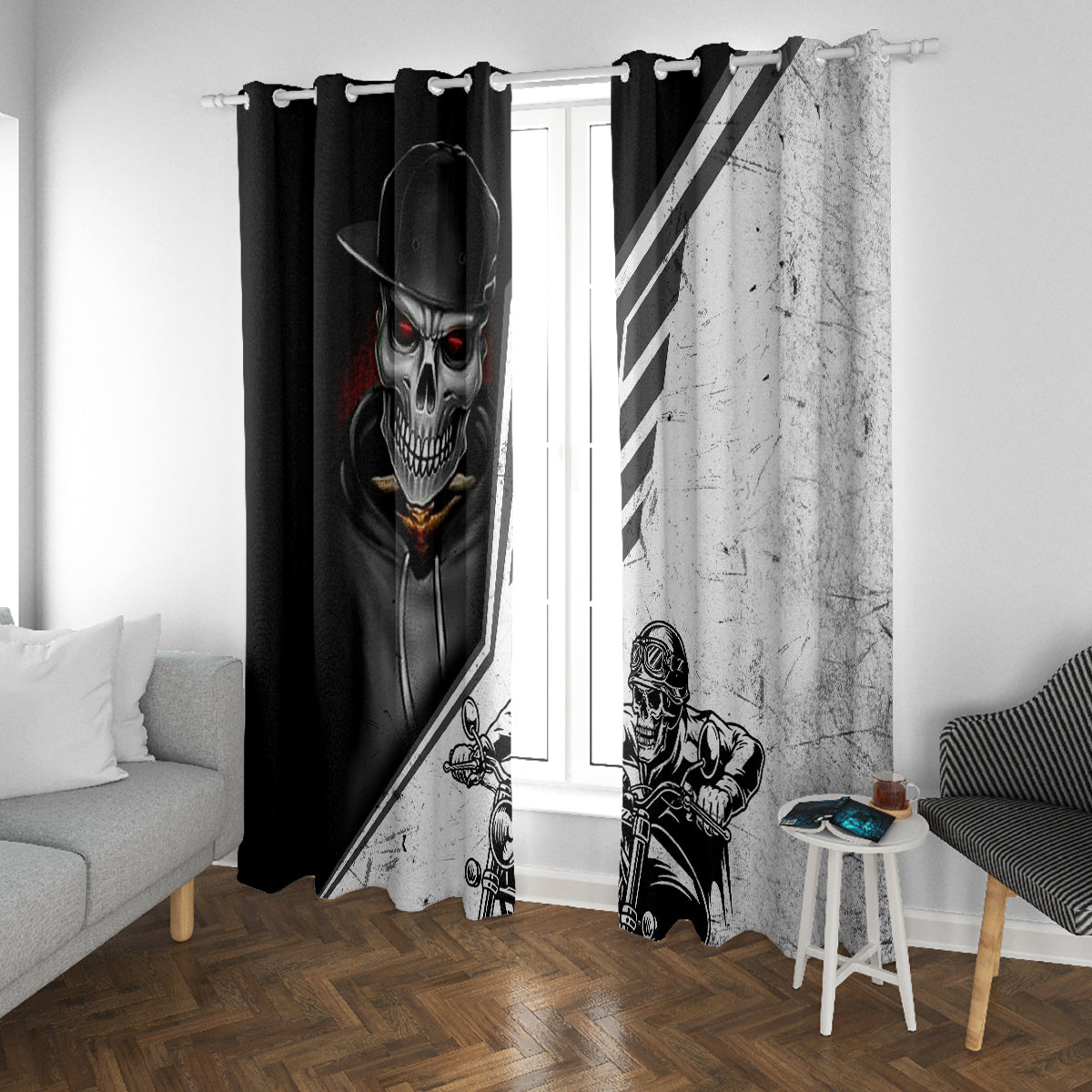 Skull Window Curtain Riding Motocycle - Wonder Print Shop