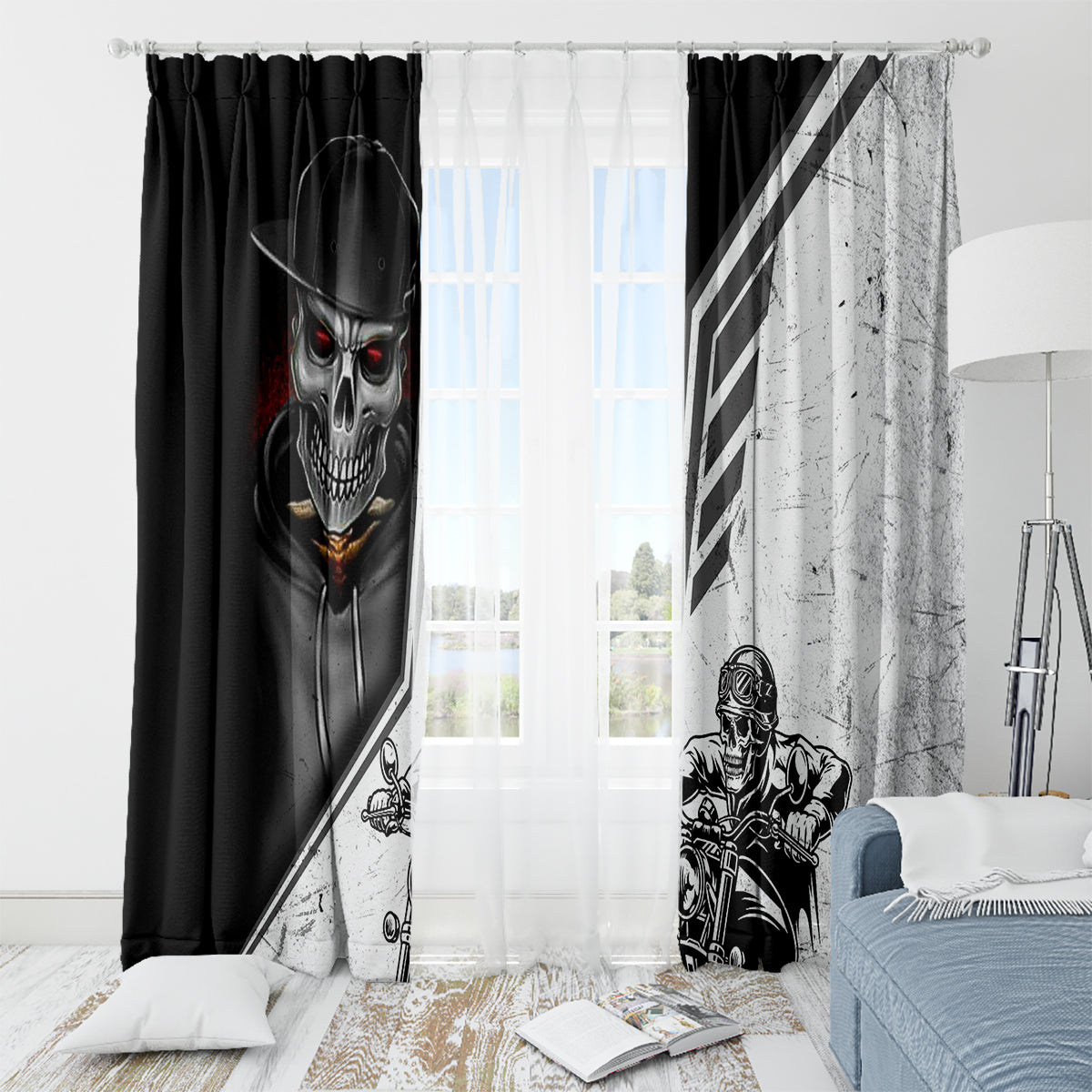 Skull Window Curtain Riding Motocycle - Wonder Print Shop