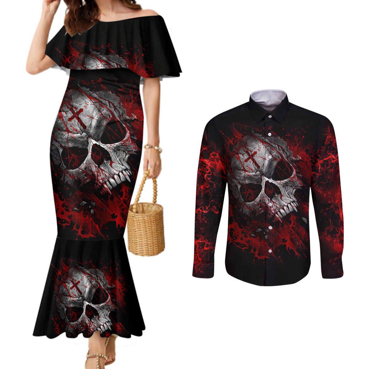 Skull Couples Matching Mermaid Dress and Long Sleeve Button Shirts Bloody Skull Scream DT01