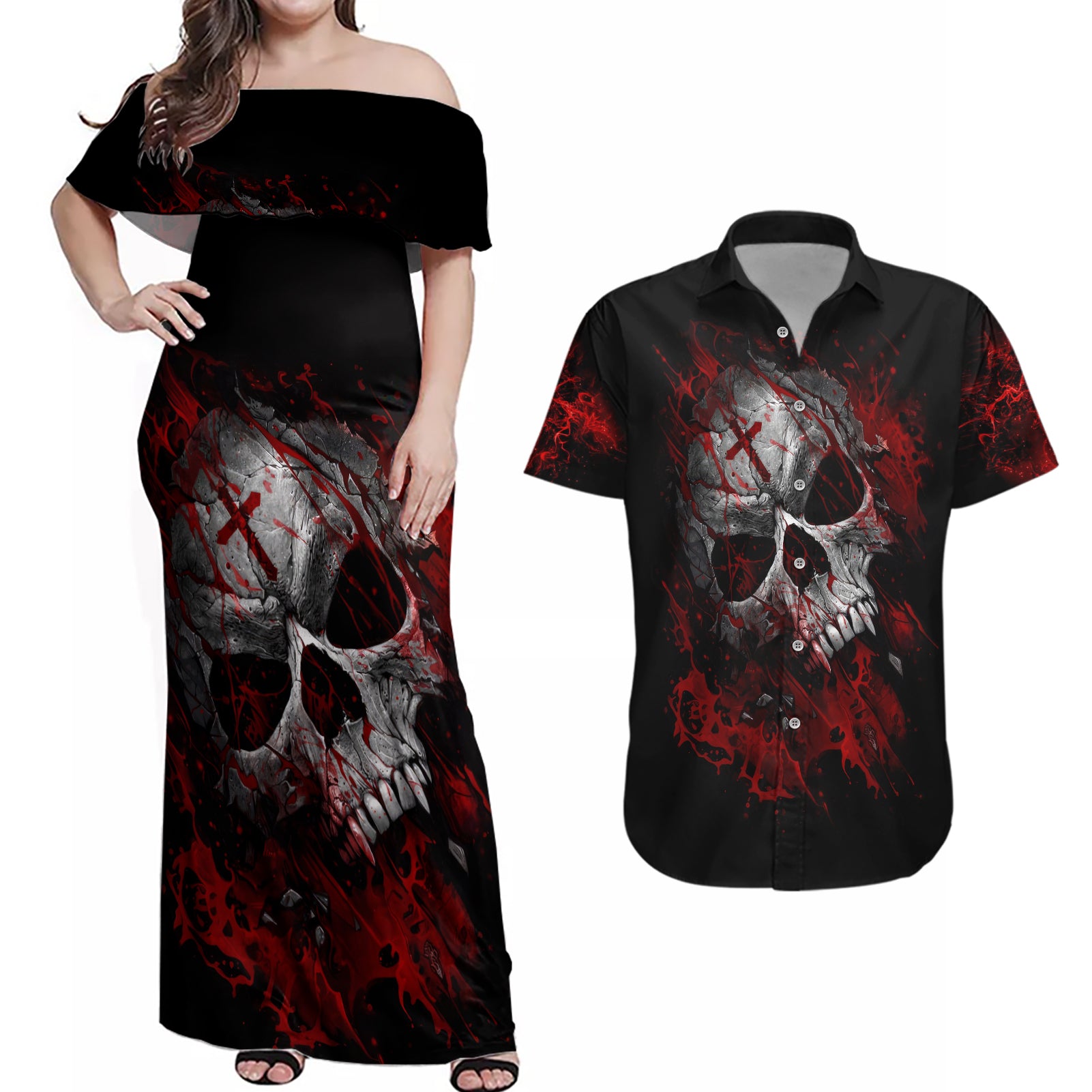 Skull Couples Matching Off Shoulder Maxi Dress and Hawaiian Shirt Bloody Skull Scream - Wonder Print Shop