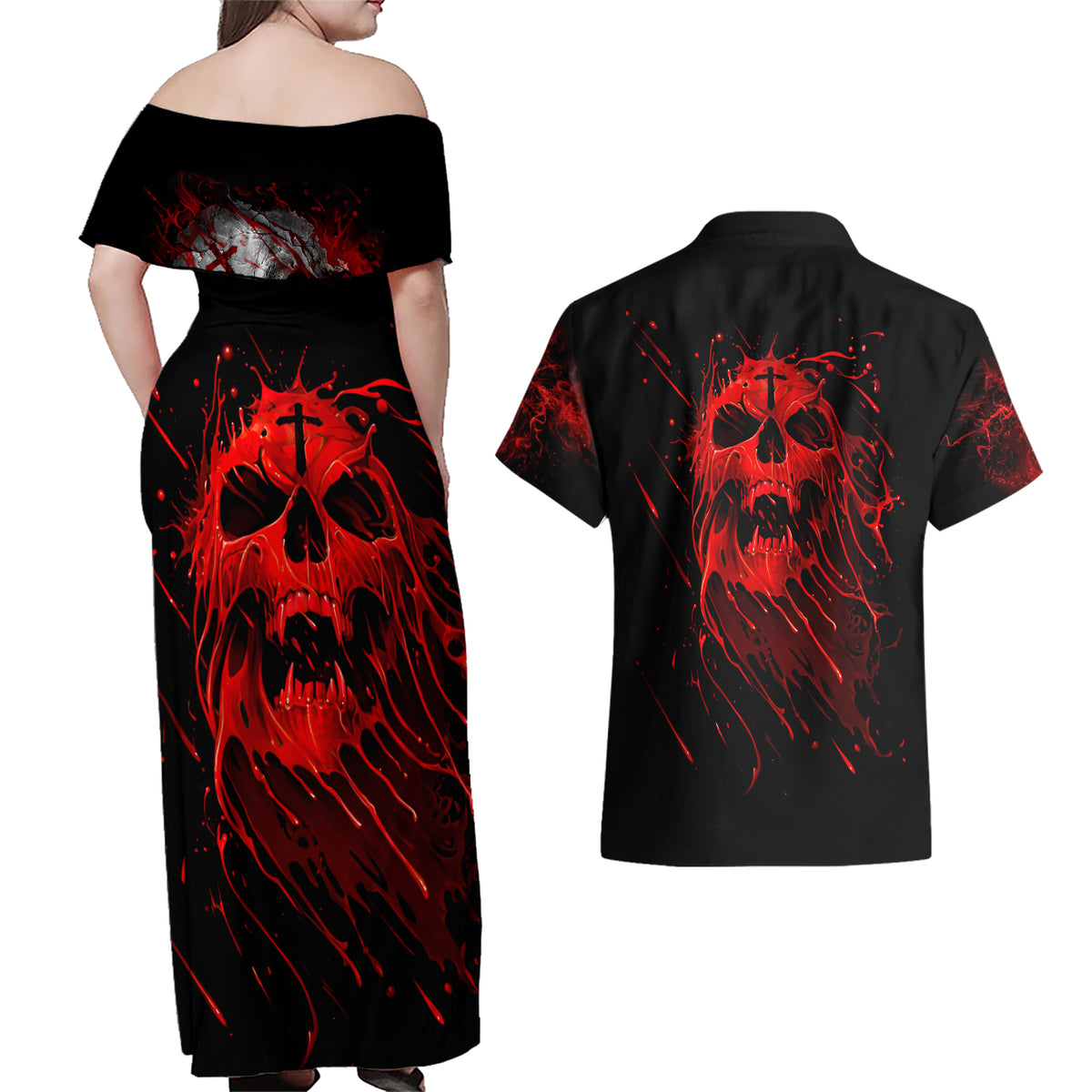Skull Couples Matching Off Shoulder Maxi Dress and Hawaiian Shirt Bloody Skull Scream - Wonder Print Shop