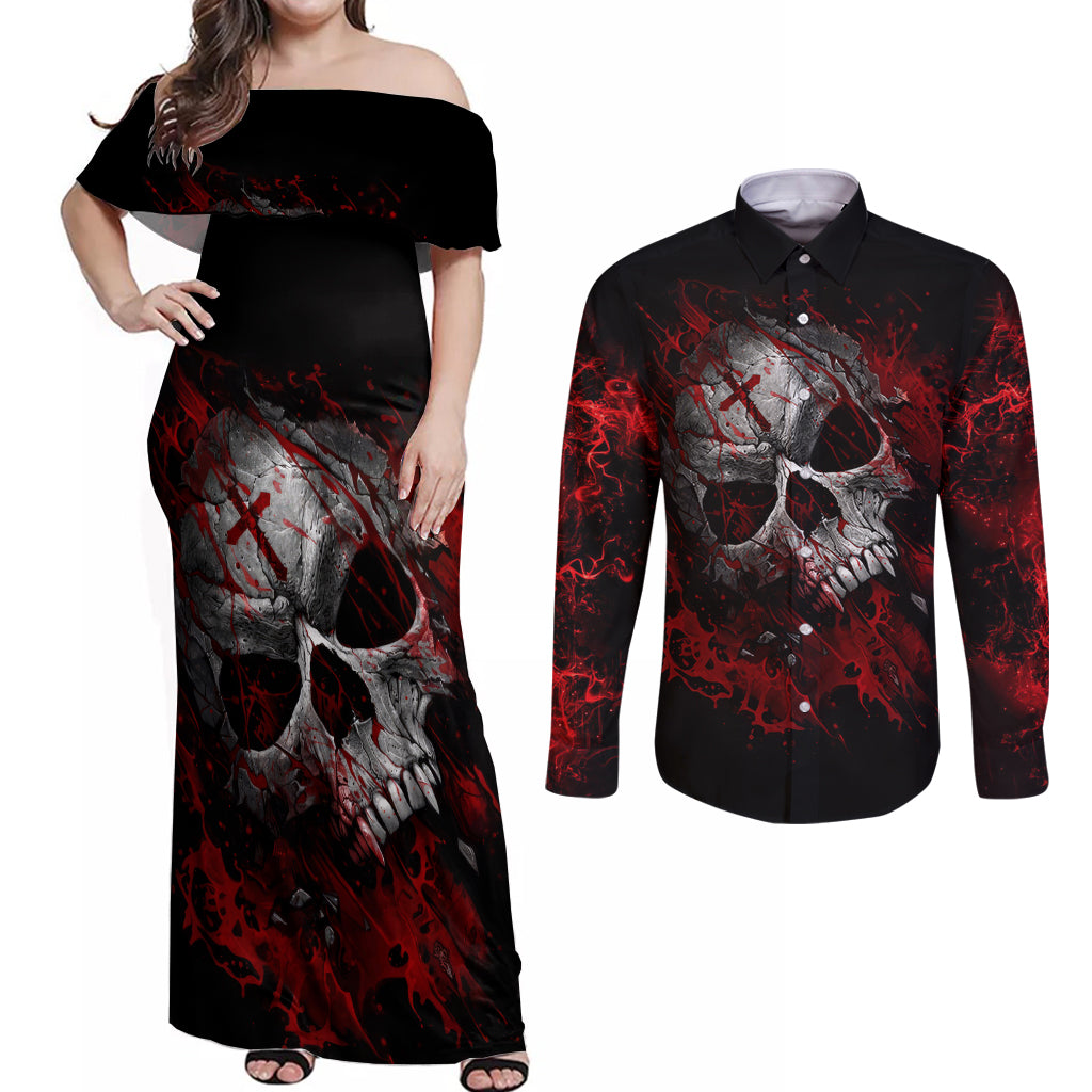 Skull Couples Matching Off Shoulder Maxi Dress and Long Sleeve Button Shirts Bloody Skull Scream - Wonder Print Shop